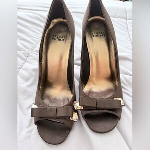 Stuart Weitzman Brown Satin Peep-Toe Pumps with Bow and Rhinestone